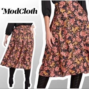 Pleated Roses and Gold Buttoned Midi Skirt